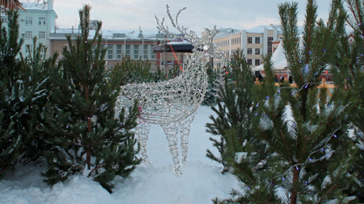 Сказочный олень, установленный в усадьбе Деда Мороза в новогодние праздники на площади имени В.В.Куйбышева в Самаре.