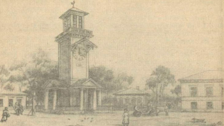 Показан рисунок краеведа Емельяна Гурьянова «Башня с часами на Алексеевской площади в Самаре».