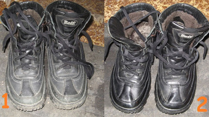 Картинка, где я сравнил ботинки после улицы с ботинками после проведения всех описанных процедур (советов).