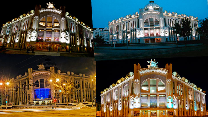 Фотографии Самарской государственной филармонии в ночное время.