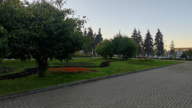 Вид на центральную клумбу сквера, расположенного в границах улиц Чапаевской и Вилоновской.