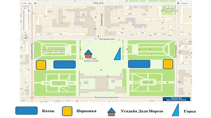 Схема площади имени В.В.Куйбышева в Самаре с указанием расположения различных мест.