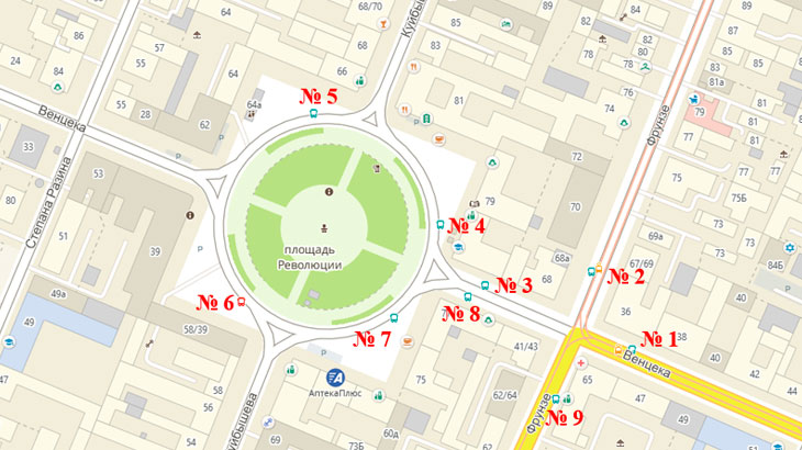 Показаны остановки общественного транспорта на карте 2ГИС (площадь Революции, Самара).