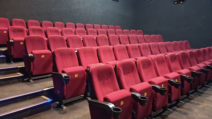 Показаны кресла в одном из кинозалов в кинотеатре в ТРЦ Мадагаскар (Тольятти).