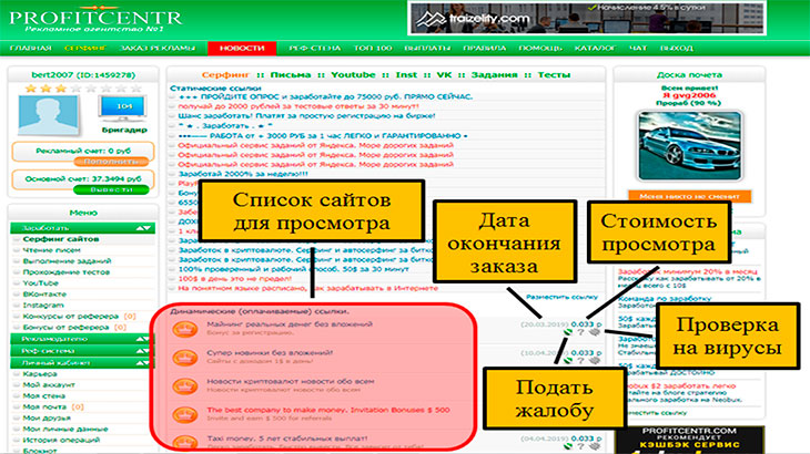 Скриншот как приступить к просмотру сайтов в системе ProfiTCentr.